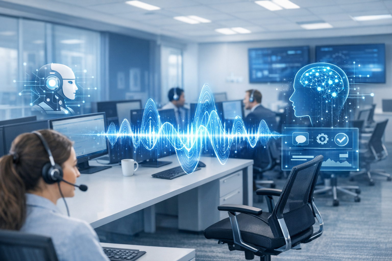 KI-gestütztes Callcenter: Moderne Arbeitsumgebung mit intelligenter Sprachautomation