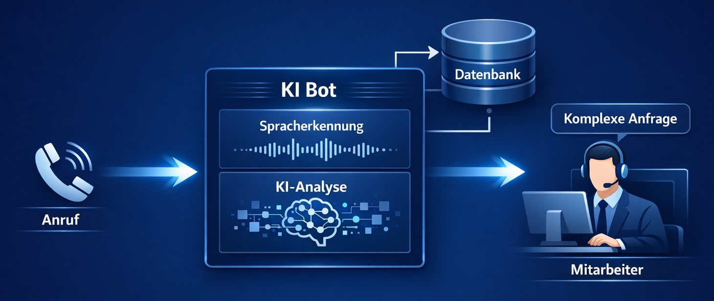 Workflow-Diagramm: Ablauf vom eingehenden Anruf über den KI-Voice-Bot bis zur Weiterleitung an den Callcenter-Mitarbeiter